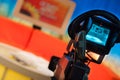 Close-up shot of a video camera viewfinder, recording show in a TV studio Royalty Free Stock Photo