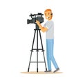 Television video operator with camera on tripod