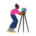 Television video operator looking through camera on tripod, cartoon woman video maker vector character isolated on white Royalty Free Stock Photo