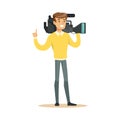 Television video operator with professional camcorder