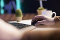 Teleworking computer technician typing on keyboard, debugging code, close up Royalty Free Stock Photo