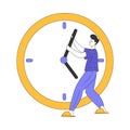 Teleworking with Young Man Pulling Arrow on Huge Clock Dial Working from Home Vector Illustration