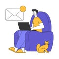 Teleworking with Young Man Sitting in Armchair with Laptop Working from Home Vector Illustration