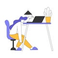 Teleworking with Young Tired Woman Sitting at Desk Vector Illustration