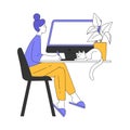 Teleworking with Young Woman Sitting on Chair in Front of Computer Working from Home Vector Illustration