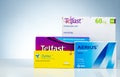 Telfast, Zyrtec, and Aerius in packaging. Non sedating antihistamine medicine. Fexofenadine, cetirizine, and desloratadine tablet