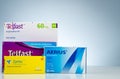 Telfast, Zyrtec, and Aerius in packaging. Non sedating antihistamine medicine. Fexofenadine, cetirizine, and desloratadine tablet Royalty Free Stock Photo