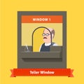 Teller window with a working bald cashier