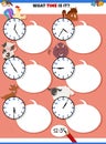 Telling time educational task with cartoon farm animals Royalty Free Stock Photo