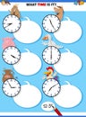 Telling time educational task with cartoon farm animals