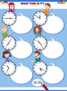 Telling time educational task with cartoon kids Royalty Free Stock Photo