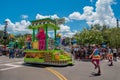 Telly monster and woman dancers in Sesame Street Party Parade at Seaworld