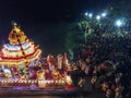 Aerial top down view floating chariot with colorful light