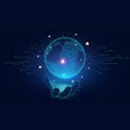 A digital illustration features a glowing, translucent globe with a map of continents within. connectivity Royalty Free Stock Photo
