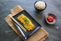 Telur dadar gulung or Tamagoyaki or Japaneses egg roll. Gyeran Mari or Korean Rolled Omelette. fried egg. Royalty Free Stock Photo