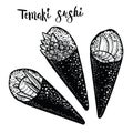 Temaki roll japanese food illustration. Engraving sushi sketch.