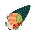 Temaki sushi vector icon. Asian roll in the shape of a cone with rice, salmon, tuna, shrimp, avocado, caviar wrapped in nori