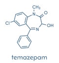 Temazepam benzodiazepine drug molecule. Used as hypnotic, anxiolytic and anticonvulsant drug. Skeletal formula.
