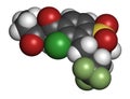Tembotrione herbicide molecule. 3D rendering. Atoms are represented as spheres with conventional color coding: hydrogen white,. Royalty Free Stock Photo