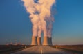 Temelin, Czech republic - 02 28 2021: Nuclear Power Plant, Cooling towers with white water vapor