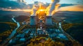 Aerial view of nuclear power plant at sunset. Energy generation and heavy industry concept, GenerativeAI