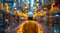 Rear view of engineer with safety helmet and reflective jacket standing in industrial plant, GenerativeAI