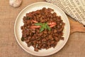 Tempe Orek, Indonesian cuisine consisting of processed soybean tempe cooked with spices and soy sauce.