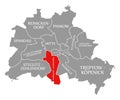 Tempelhof-Schoeneberg city district red highlighted in map of Berlin Germany
