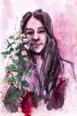 Tempera portrait of a young woman with a flower Royalty Free Stock Photo