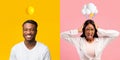 Temperament Clashes. Black Man And Woman With Different Mood Over Colorful Backgrounds