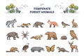 Temperate forest animals and living nature species outline collection set.