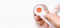 Temperature baby child sick banner. Doctor check cold flu baby care health from electronic thermometer. Child sick, kid