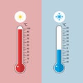 Temperature on celsius. Blue and red thermometer.