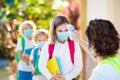 Temperature check at school. Child in mask