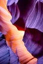 Temperature contrast of the natural landscape of Lower Antelope Canyon in Page Arizona with bright sandstones stacked in flaky