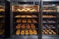 temperature-controlled holding cabinet filled with cakes, pastries, and other baked goods