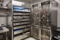temperature-controlled holding cabinet filled with surgical instruments and equipment