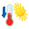 Temperature drop icon isometric vector. Thermometer with down arrow shining sun Royalty Free Stock Photo
