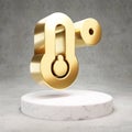 Temperature Low icon. Shiny golden Temperature Low symbol on white marble podium