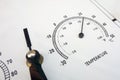 Temperature measurements. Needle instruments closeup. Weather conditions and meteorological parameters. Face of analog devises