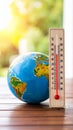 Temperature rising concept with Earth globe and thermometer on wooden surface climate change Royalty Free Stock Photo