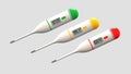 Three thermometers on an isolated gray background. Green, Yellow, Red thermometers. Degrees Fahrenheit. Health