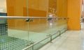 Tempered glass Full height Glass partition along with stainless steel hand rail protection with Orange color background walls