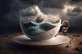 Tempest in a teacup. Storm at sea with tiny wooden ship inside a delicate tea cup and saucer. Storm clouds. Abstract. Royalty Free Stock Photo