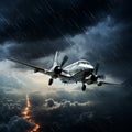 In tempests grip, plane soars amidst thunder and dazzling lightning