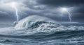 Tempestuous Ocean with Crashing Waves, Lightning, and Distant Lighthouse Royalty Free Stock Photo