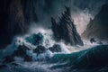 tempestuous ocean with waves crashing against jagged rocks and cliffs