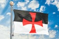 Templar knight flag waving in blue cloudy sky, 3D rendering