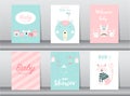 Set of baby shower invitation cards,birthday, poster,template, greeting,cute, animal, Royalty Free Stock Photo