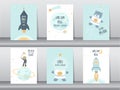 Set of cute Space for kids,Illustration of an astronaut, spaceship,rocket, UFO, sky ,Vector eps10.